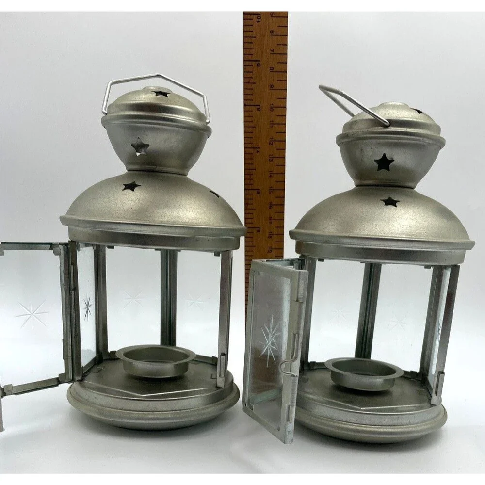 Set of 2 IKEA Rotera Hanging Lanterns Tea Light Candle Holder Metal & Glass